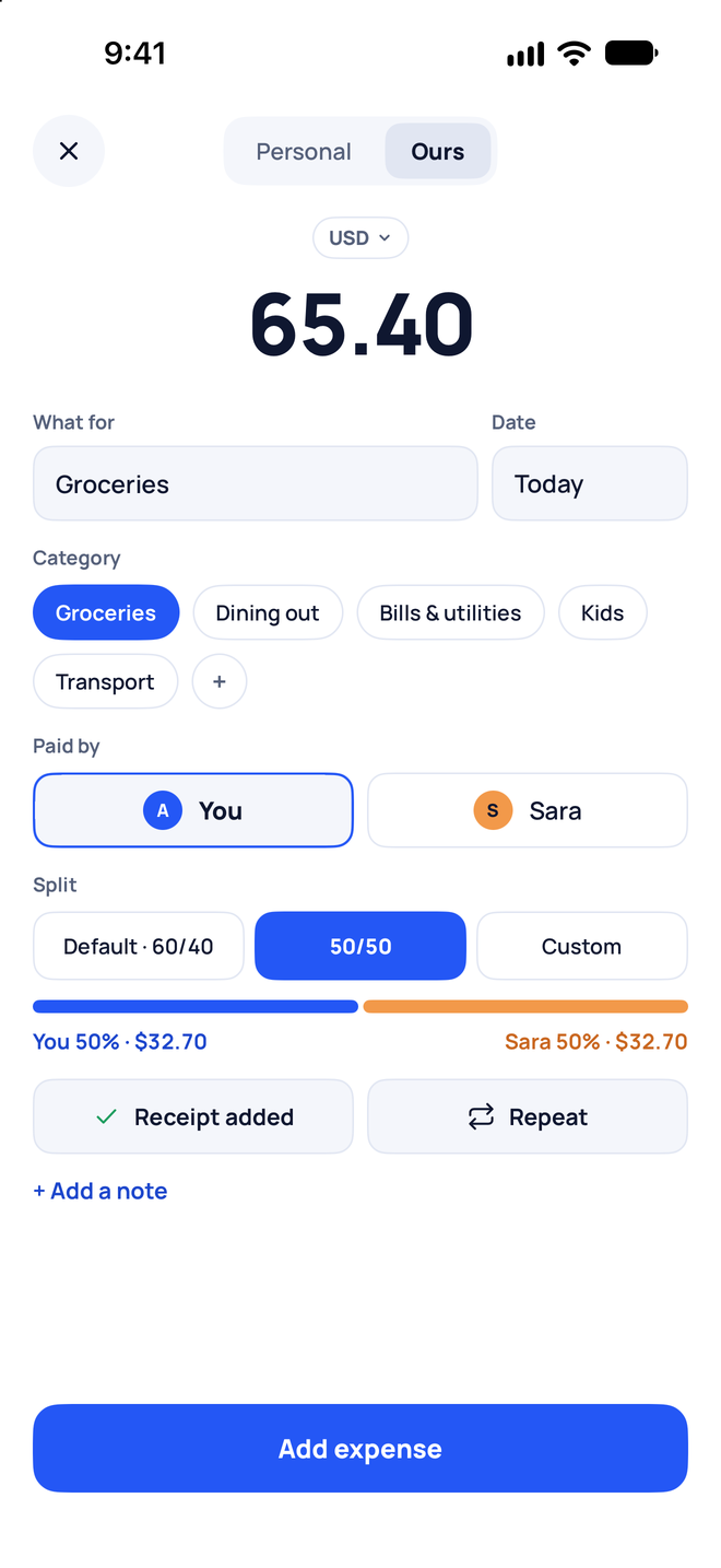 Adding a groceries expense split 50/50 in Ours